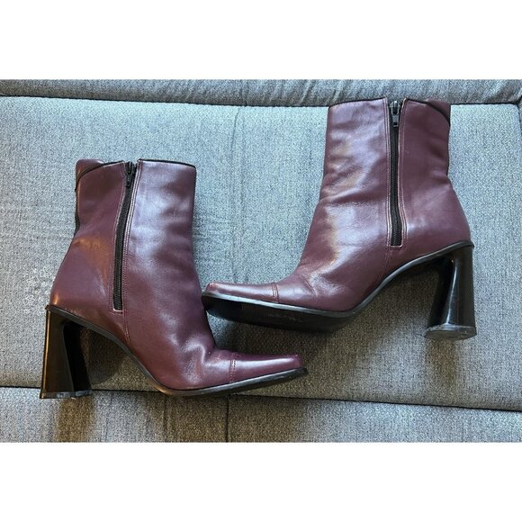 Vtg Nine West Boots Womens 8 Leather Square Toe Block Heel Zip Retro Mod Maroon - Picture 11 of 11